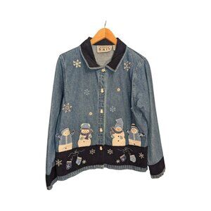 Keren Hart Denim Women's Size M Snowmen Embroidered Jacket Button Front Xmas